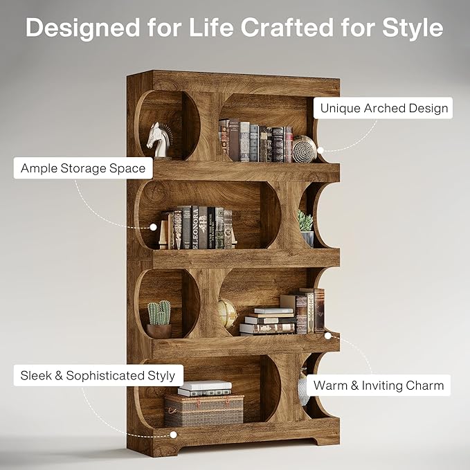 Tribesigns 71" Tall Bookcase, Modern Asymmetrical Bookshelf, 4-Tier Freestanding Display Shelf with Classic Shape, Large Library Book Shelf for Living Room, Home Office, Brown