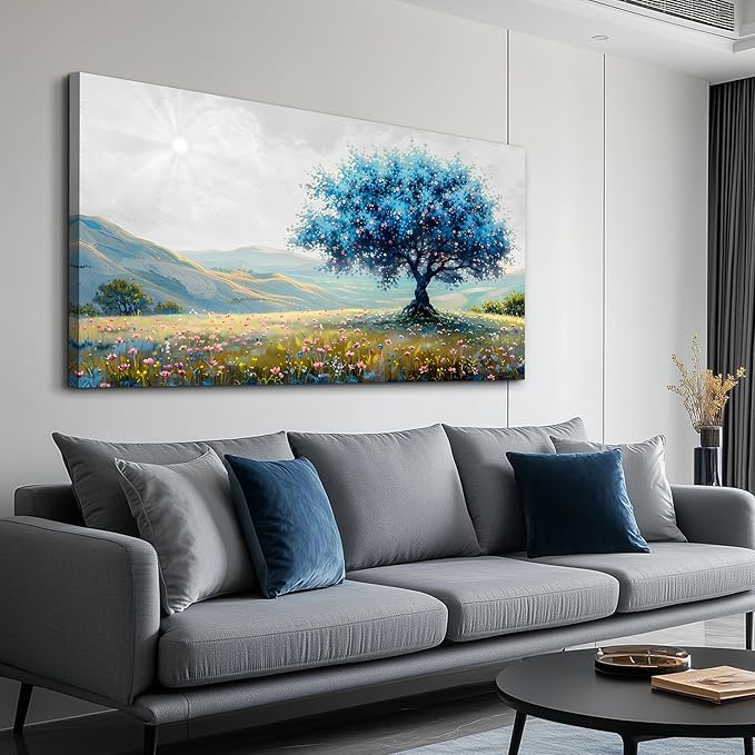 FUHAIHUA Large Wall Decor For Living Room Canvas Wall Art For Office Modern Wall Decorations For Bedroom Pastoral Landscape Painting Blue Tree Pictures Artwork Room Aesthetic Home Decor 24x48 In