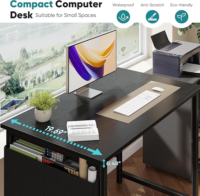 OLIXIS Computer Desk 40 Inch Home Office Desks for Small Spaces, Gaming Writing Study Work Table with Storage Bag and Headphone Hook for Bedroom, Black
