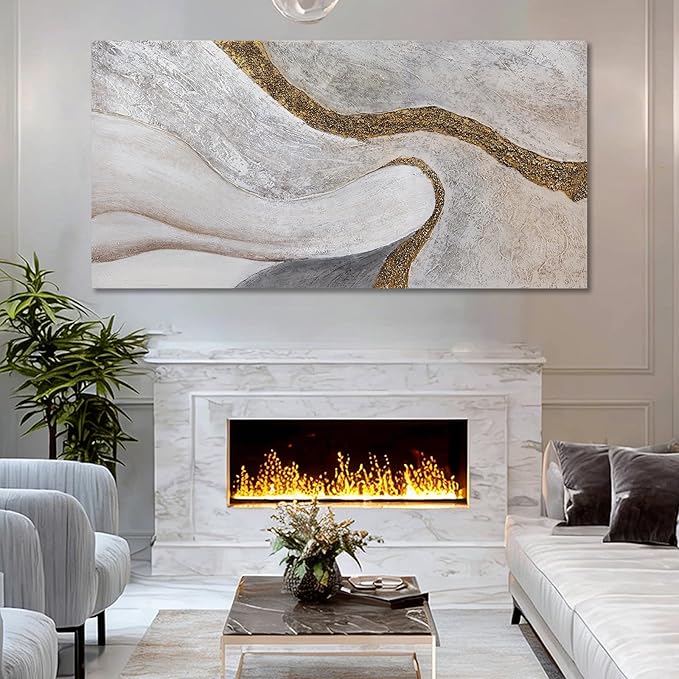 ZUNARE Contemporary White Gold Textured Canvas Wall Art Abstract Organic Line Posters Picture Minimalist Home Decor for Living Room Bedroom Office 29x58 Inch