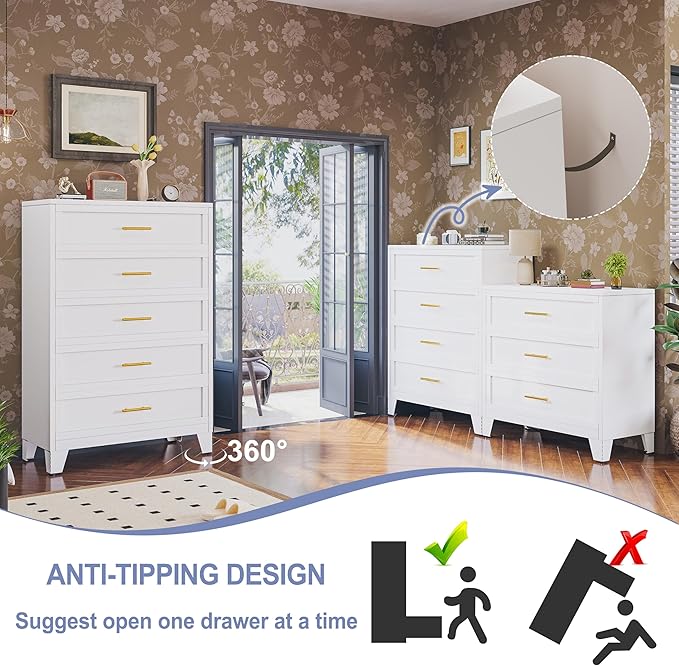 Tall 4 Drawers Dresser for Bedroom, Metal Drawer Dresser Chest Organizer, 4 Drawer Metal File Cabinet, Drawer Cabinet for Home Office Collection and Storage Small Size Files (White)