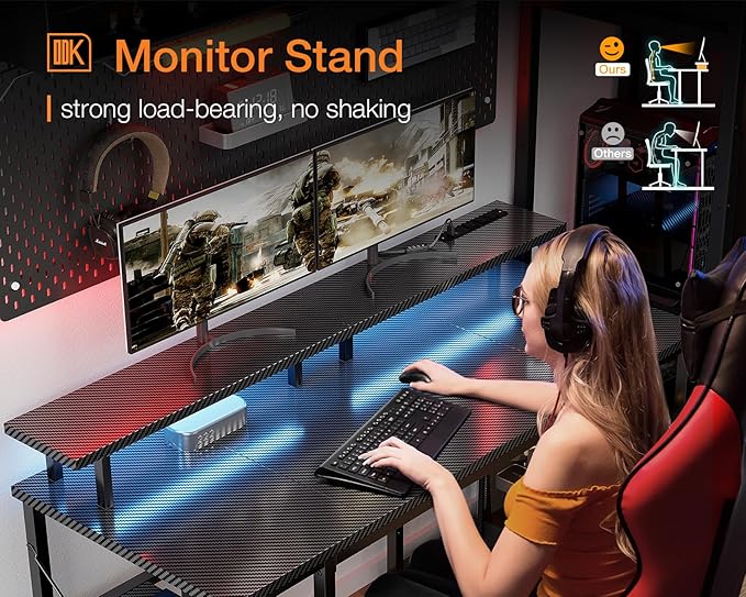 ODK 48 inch Computer Desk with Power Outlets & LED Lights, Gaming Desk with Monitor Stand & Storage Sheves, Home Office Desk, Carbon Fiber Black