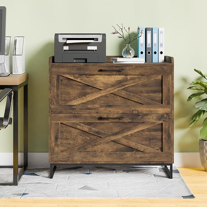 Vabches Lateral File Cabinet 2 Drawer File Cabinet with Charging Station for Legal/Letter/A4 Size Hanging Files, Large Wood File Storage Cabinets Printer Stand for Home Office, Rustic Brown