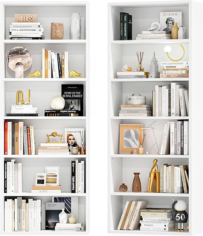 Furniwell 71" Tall Bookcase Bookshelves, 6 Tier Floor Standing Bookcases Open Frame, Modern Display Storage Organizer for Home Office, Living Room, Bedroom, Study Room (White, 2 Pcs)