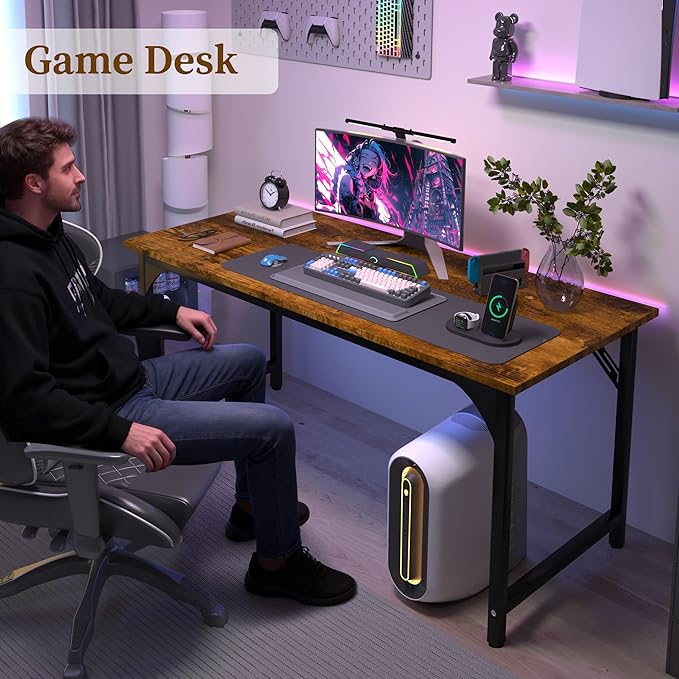 AZN Computer Desk, 47in Computer Desk, Office Desk w/Metal Frame, Office Desk w/Water-Resistant, Scratchproof Surface, Home Office Desks w/Large Legroom for Work Study Writing Gaming, Rustic Brown