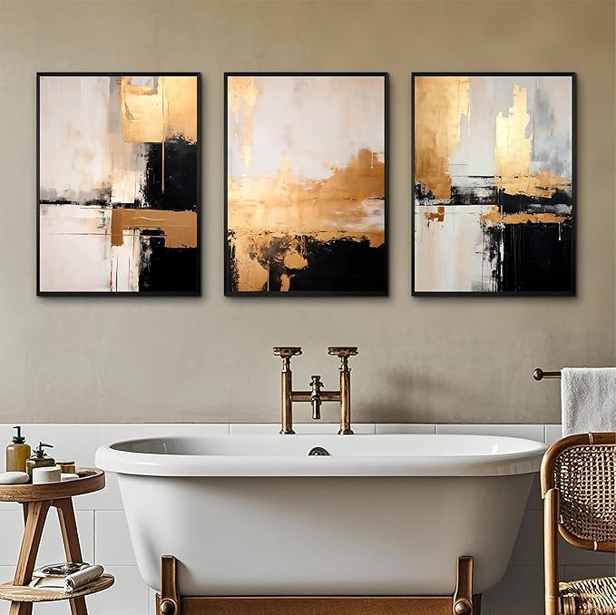 3Pcs Black Gold Abstract Wall Art Large Modern Minimalist Posters Prints Grey And Gold Graffiti Pictures And Paintings Neutral Art for Living Room Bedroom Bathroom Office Decorations Unframed