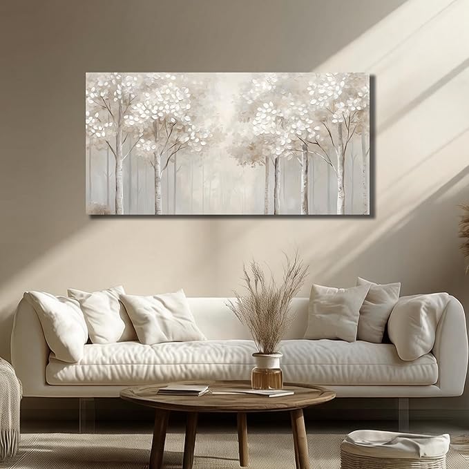ANCXWOTER Large Forest Wall Art for Living Room White Misty Birch Tree Picture for Bedroom Office Modern Landscapes Canvas Prints Ready to Hang 29x58 Inch