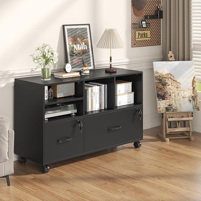 2 Drawer Wood Mobile Large Lateral File Cabinet, Lockable Rolling Filing Cabinet with Storage Shelves, Printer Stand Office Storage Cabinet for Home Office Fits Files Legal/A4, Black