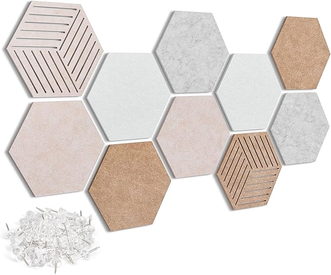 Fwpelt 12'' Large Hexagon Cork-Bulletin Board Tiles Adhesive 10 Pack Frameless Corkboard Hexagonal Prayer Vision Cork Board for Office Wall Decor, Hex Tack Pinboard with 30 Push Pins
