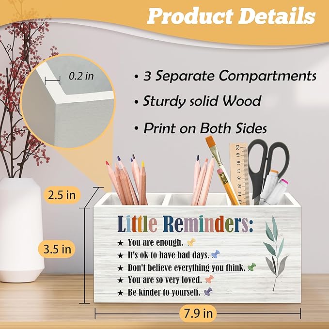 Little Reminders Inspirational Pen Holder Organizer for Desk Accessories, Positive Gifts, Mental Health Motivational Wooden Box Sign Desk Decorations for Home Bedroom Office Decor