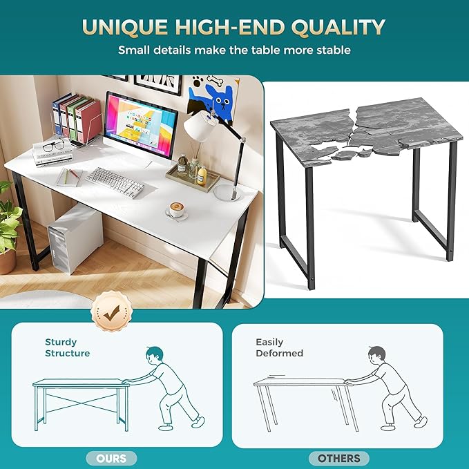 DUMOS 47 Inch Computer Desk for Home Office, Modern Study Work Table Simple Style for Bedroom, Writing Desks with X-Shaped Reinforcement, Wood White