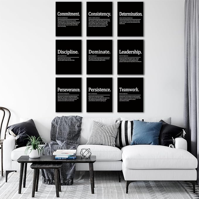 COSCTOR Set of 9 Motivational Wall Art Decor Inspirational Posters Quotes Framed Canvas Pictures Grind Hustle Execute for Workplace Office Garage Gym Classroom Bedroom(Framed,12x16)