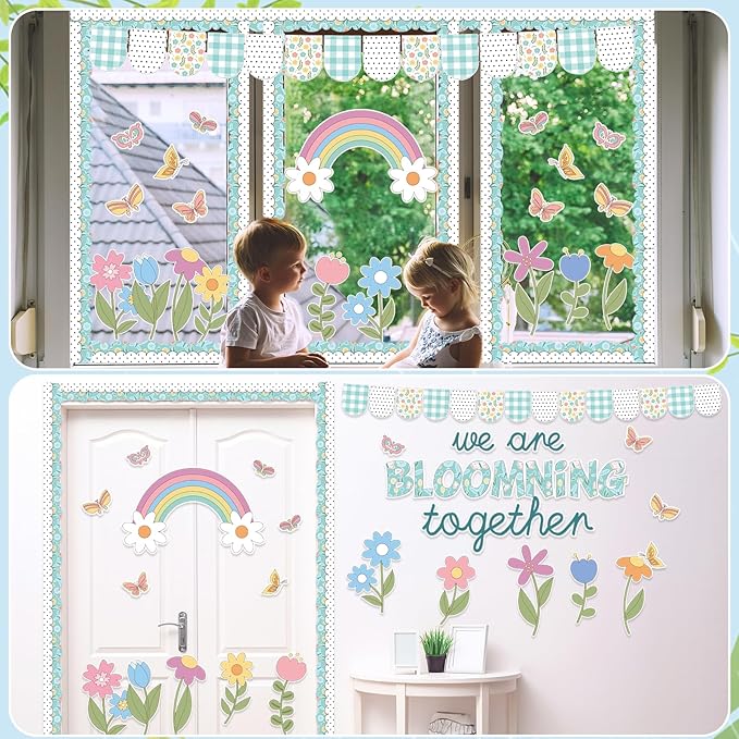 70PCS Spring Classroom Bulletin Board Decorations Flower Bulletin Board Set We are Blooming Together Floral Butterfly Bulletin Board Rainbow Cutouts for School Office Home Wall Decor