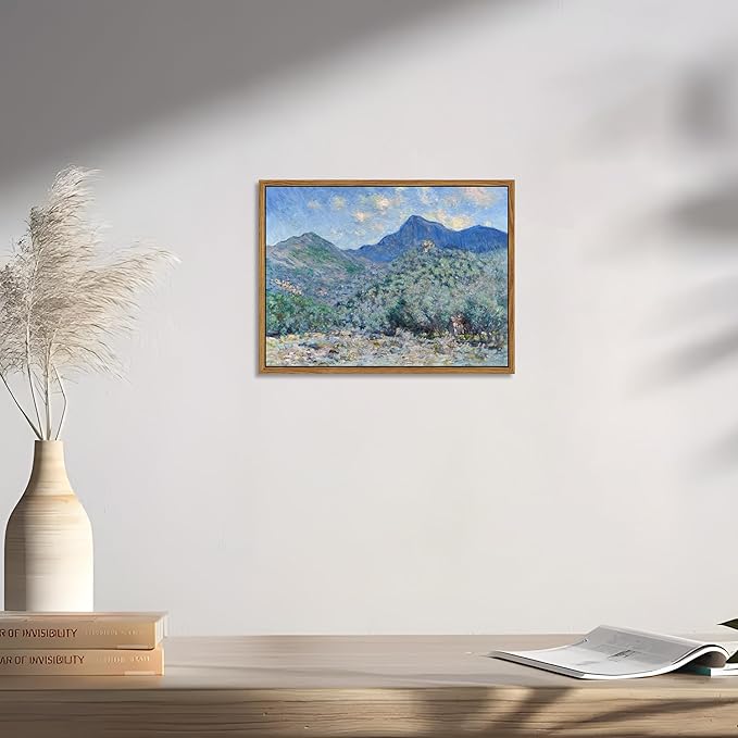 Vintage Framed Monet Wall Art – Impressionist Blue Green Forest Oil Painting Canvas Prints – Tranquil Nature Hillside Landscape Aesthetic Wall Decor for Living Room Bedroom Bathroom – 8"x10"