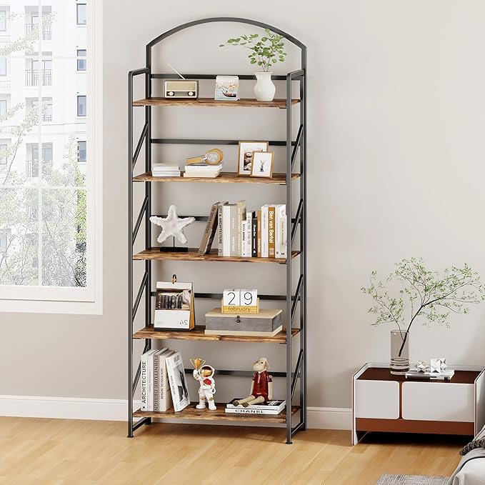BHG Arched Bookshelf 5 Tier Shelf Storage Organizer Bookcase,No Assembly Folding Book Shelf for Living Room,Bedroom Home Office Rack Bookhelves