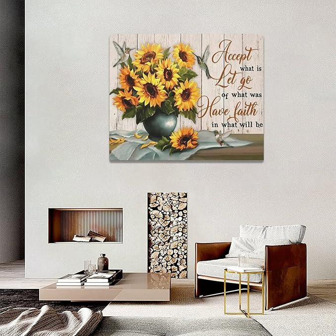 yerretin Farmhouse Sunflower Wall Art Sunflower Pictures Wall Decor Rustic Canvas Painting Modern Artwork Home Decorations for Bathroom Dining Room Kitchen Bedroom Office Framed 20"x16"