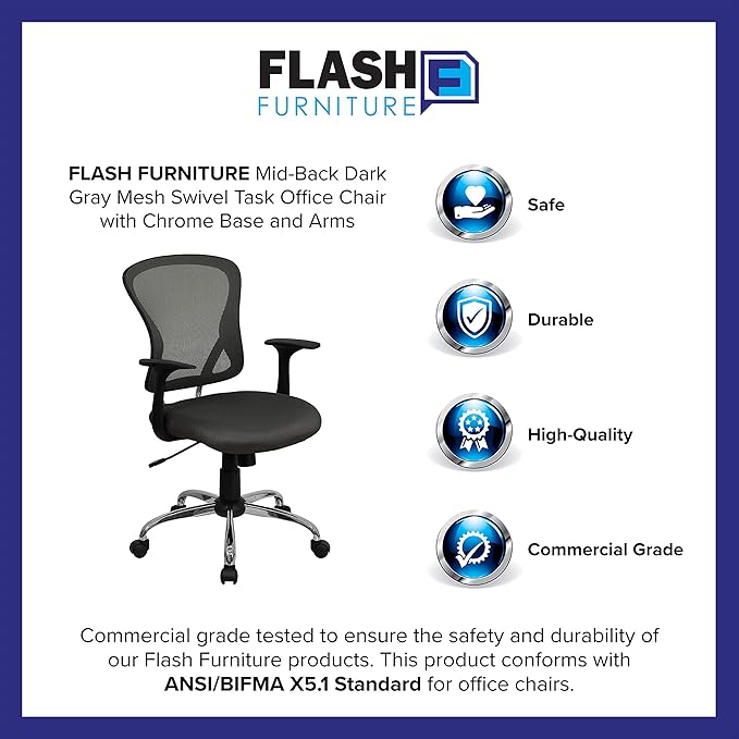 Flash Furniture Alfred Mid-Back Dark Gray Mesh Swivel Task Office Chair with Chrome Base and Arms