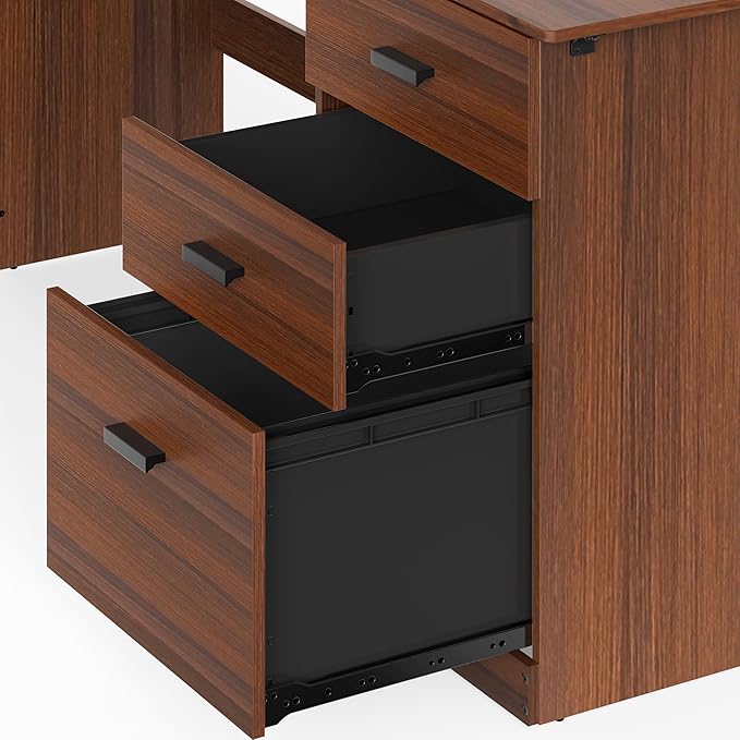 SHW 51 x 59 Inches L-Shaped Home Office Wood Corner Desk with Box Box File Drawers, Walnut
