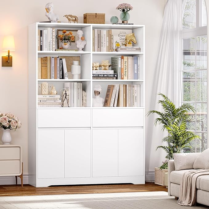 FINETONES 69" White Bookshelf with Doors, 47.2" Double Wide Bookshelves and Bookcases with Storage, Tall Bookshelf Large Open Book Shelf Standing Book Case for Home Office, White