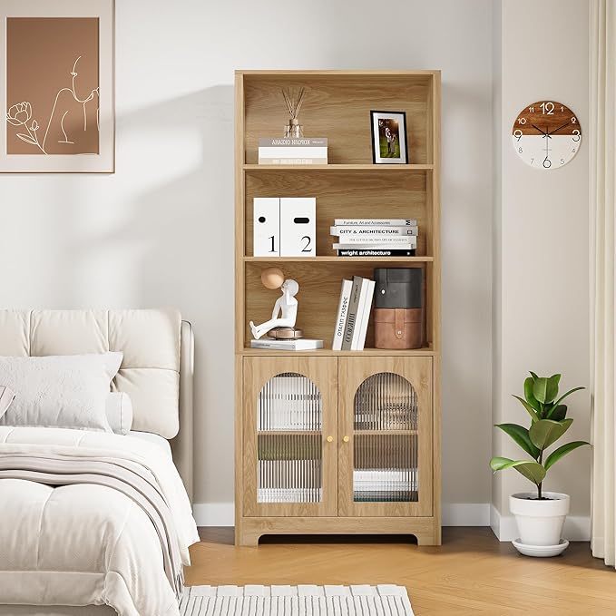 71" Tall Bookshelf with Glass Doors, 5-Tier Bookcase with Storage & Adjustable Shelf, Freestanding Wood Book Shelf Modern Arched Farmhouse Display Cabinet for Living Room, Office (Natural)