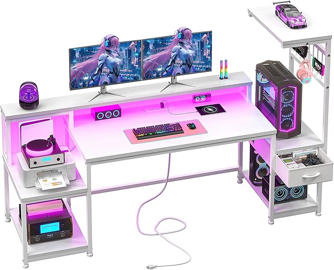 63" Gaming Desk with LED Lights & Outlets,Computer Desk with Drawers & Monitor Stand,Gaming Table with Storage Shelves & Printer Space for Game Room,Study Room,Home Office,Bedroom,White