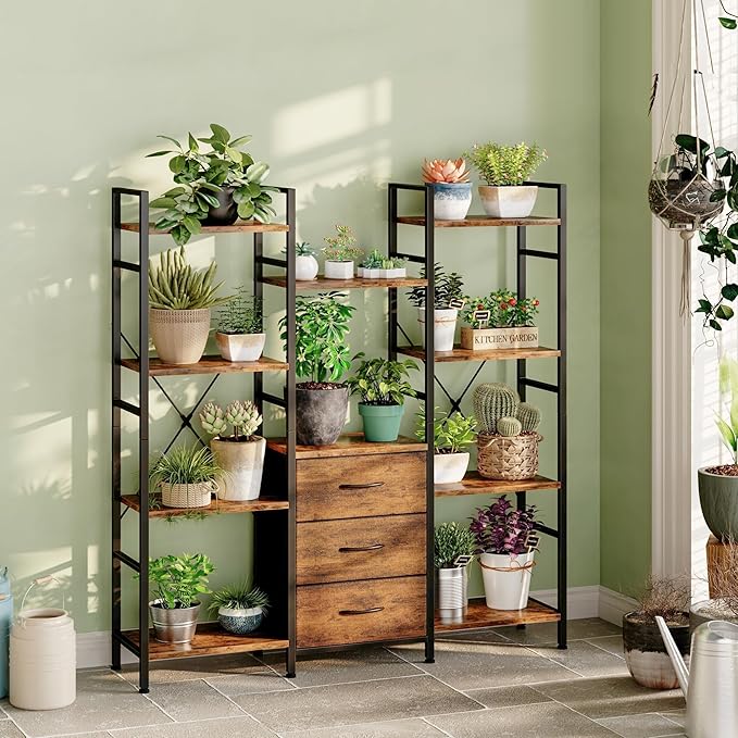 Triple Bookshelf with 3 Fabric Drawers, 4-Tier Book Shelf and 10 Display Shelves, Industrial Large Bookcase for Home & Office, Rustic Brown, 47'' Wide