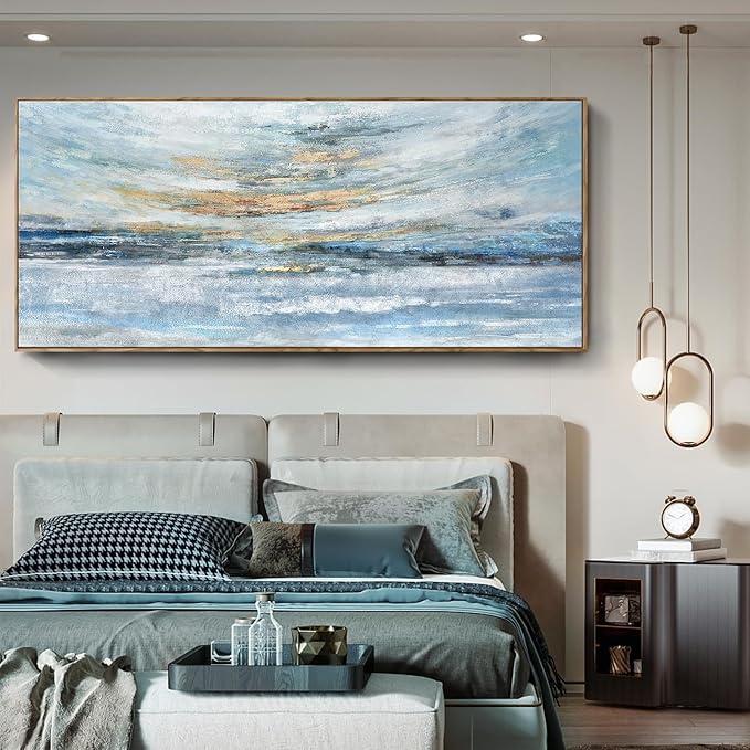 Nicetop Extra Large Framed Abstract Ocean Landscape Wall Art, Serene Sunset Painting with Natural Wooden Frame, Modern Coastal Décor for Living Room, Bedroom & Office, 71x32 Inch