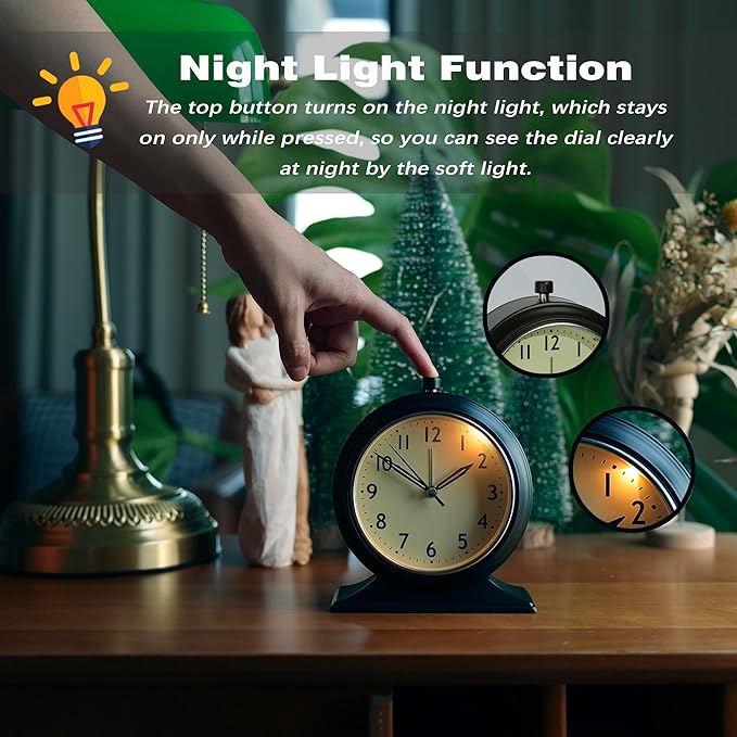AYRELY® 4-inch Battery Operated Alarm Clock Silent Analog Desk Clocks with Light Vintage Metal Table Clock for Living Room Shelf Bedside Home Decor (Black)