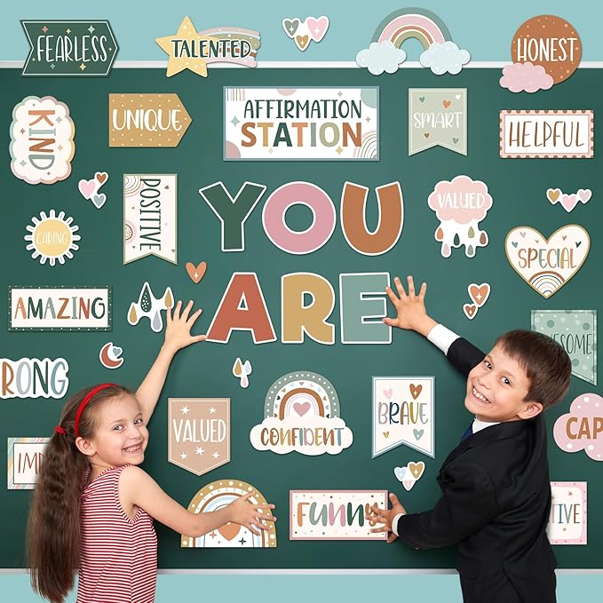 45pcs Boho Affirmation Station Bulletin Board Set Motivational Posters Classroom Mirror Growth Mindset Decor Positive Affirmations Accents Cutouts for School Office Home Teacher Wall Supply