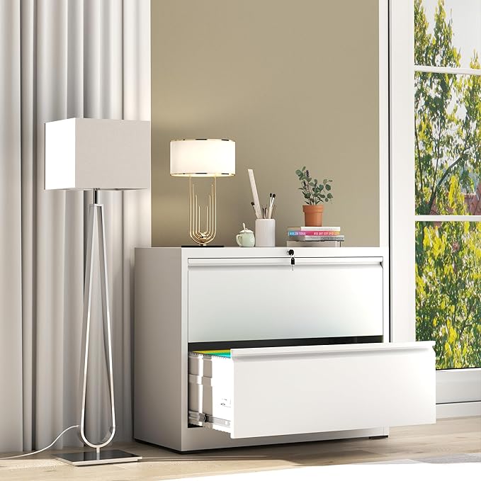 File Cabinet with Lock, 2 Drawer Lateral Filing Cabinet for Home Office, Metal Heavy Duty Office File Cabinets for Hanging Letter/Legal/F4/A4 Size Files, Assembly Required (White)