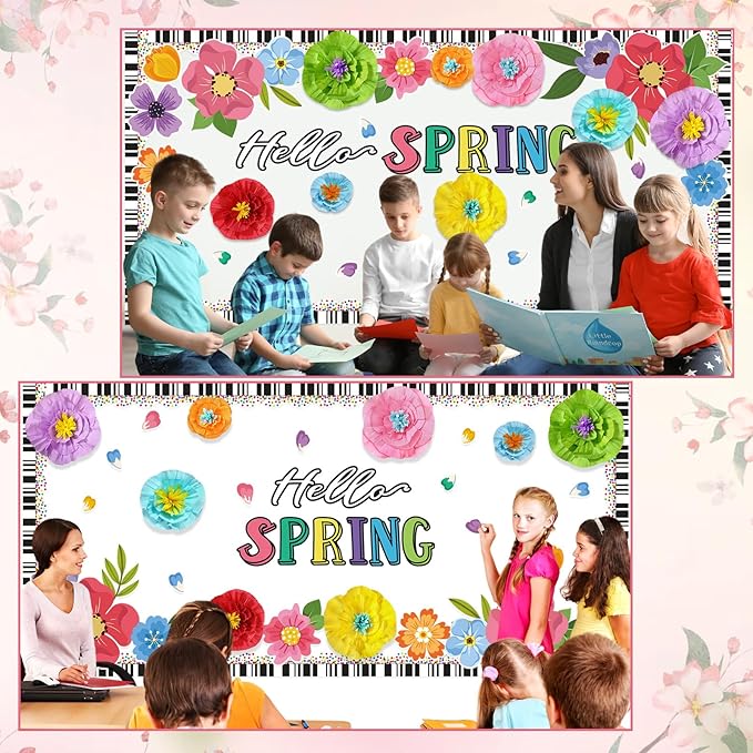 62 Pcs Spring Bulletin Board Set with Borders, 3D Paper Flowers & Cutouts for Classroom Decoration, Hello Spring Floral Wall Decor for Teacher, Chalkboard, Door & Hallway