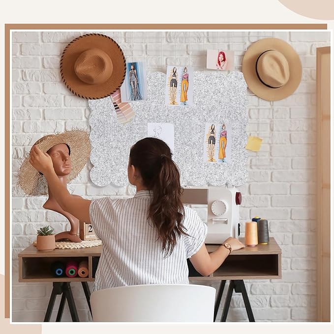 Scalloped Felt Bulletin Board 24 x 18 Inches Foldable Light Gray Pin Cork Board Alternative for Wall, 2' x 1.5' Trifold Picture Vision Self Adhesive Bulletin Decorative