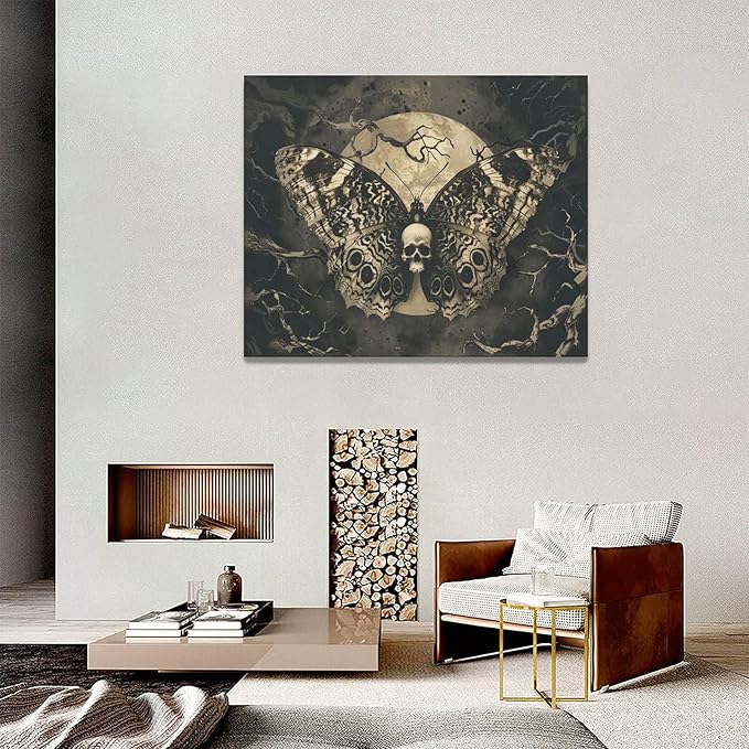 Skull Gothic Wall Art Skeleton Butterfly Dark Spooky Pictures Wall Decor Goth Horror Canvas Painting Home Modern Artwork Decorations Framed for Bathroom Living Room Bedroom Office 20x16 inch
