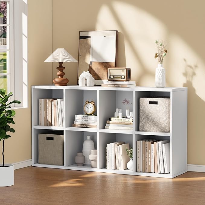 YESHOMY 8 Cube Storage Organizer, Open Frame 2-Tier Bookshelf, Organizer with Adjustable Shelves, Display Storage Bookcase for Living Room, Bedroom, Entrance Hall, Home Office, Modern White
