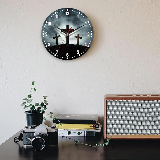 SPUNKER Clock for Bedroom,Three Crosses Wall Clocks,Sunlight Battery Operated Wall Clock Silent Non-Ticking Decorative for Home Kitchen Bathroom Living Room Bedroom Office 10 Inch