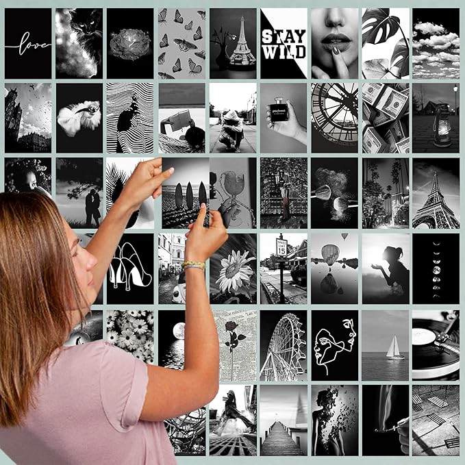 Yasowdkel Black White Aesthetic Wall Collage Kit, Aesthetic collage kit, 50PCS 4x6 Inch Picture Collage Kit for Wall Aesthetic,Black picture wall collage,Dorm Wall Decor, Cute Wall Decor for Teen