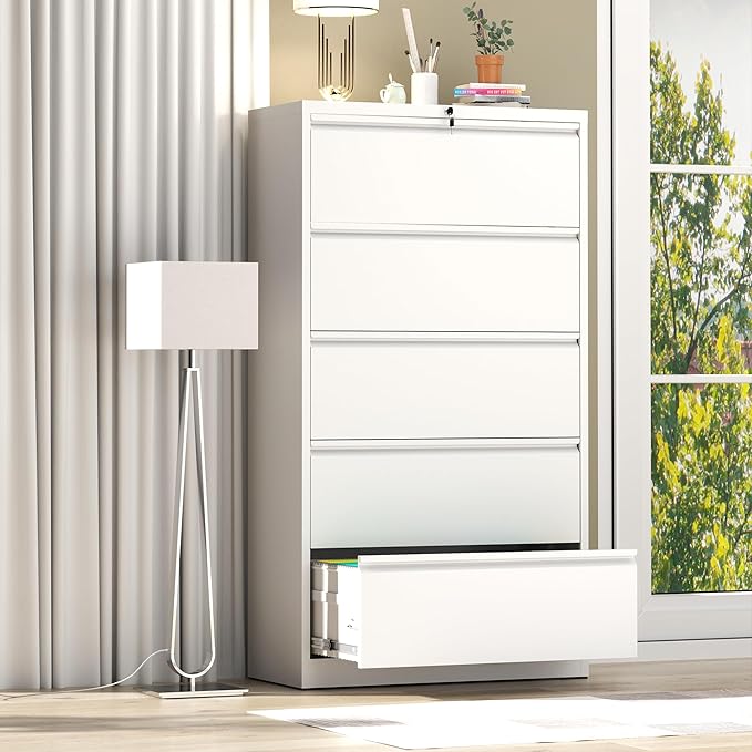 File Cabinet with Lock, 5 Drawer Lateral Filing Cabinet for Home Office, Metal Heavy Duty File Cabinets for Hanging Letter/Legal/F4/A4 Size Files, Assembly Required (White)