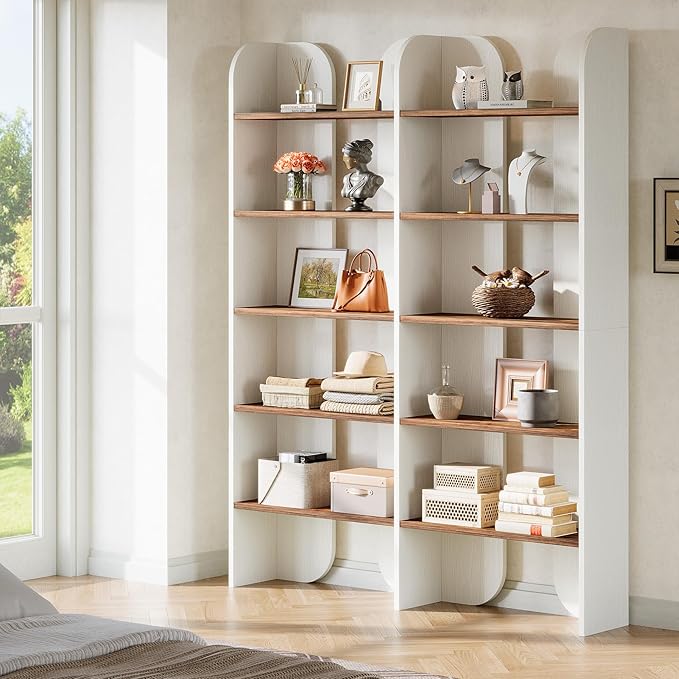 Tribesigns 5-Tier Farmhouse Bookshelf, 70.87-Inch Tall Double Wide Bookcase with Open Shelves, Vintage Floor Standing Book Shelf (1, White+Brown)