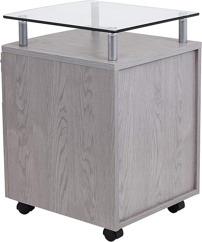 2-Drawer Rolling File Cabinet with Lock and Glass Top, Under Desk File Cabinet with Wheels, Printer Stand, Grey