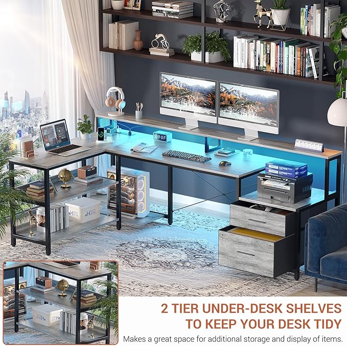 Aheaplus L Shaped Desk with File Drawer, 72.8" Reversible L Shaped Computer Desk with Power Outlet & LED Strip, Gaming Desk with Monitor Stand, Office Desk Corner Desk with Storage Shelf, White Oak