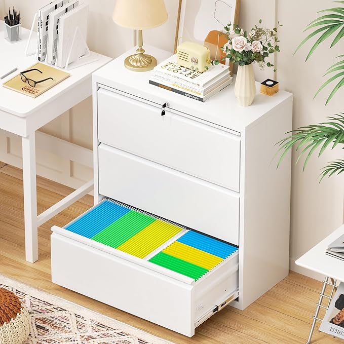 Oakcloud 3 Drawer File Cabinet for Home Office, Filing Cabinet with Lock, Metal Vertical File Storage Cabinet for A4/F4/Letter/Legal Size, Easy Assemble (28“-White)