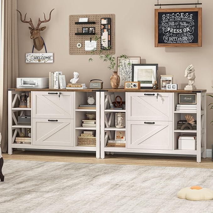 44" Lateral File Cabinet with Adjustable Shelves, Farmhouse 2 Drawer Filing Cabinet with Lock for Legal/A4/Letter, Wooden Printer Stand Office Furniture Storage Cabinets for Home Office, Rustic White