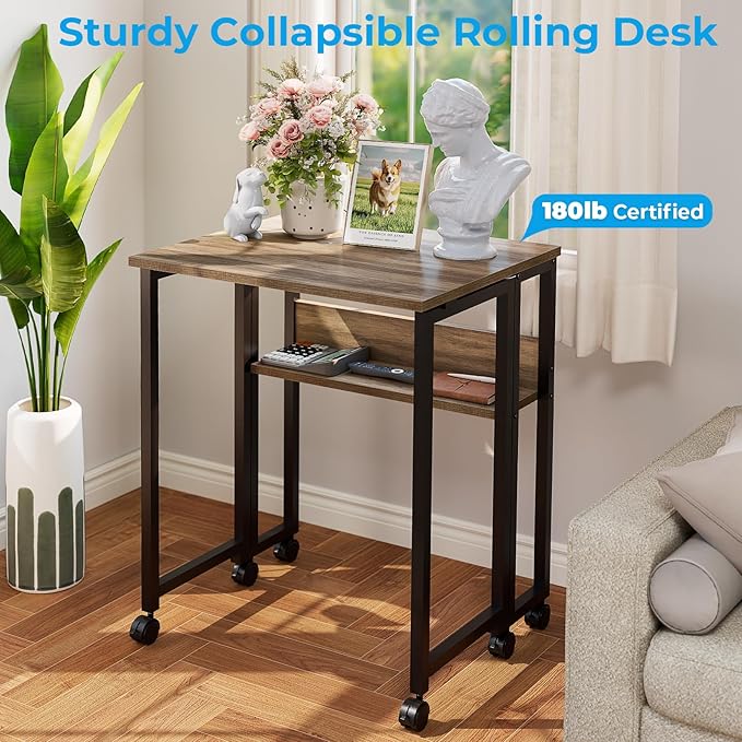 GreenForest Folding Desk Small Rolling Desk with Storage Shelf,31.5 inch Foldable Computer Desk with Wheels for Small Space,Easy Assembly,Grey Wash