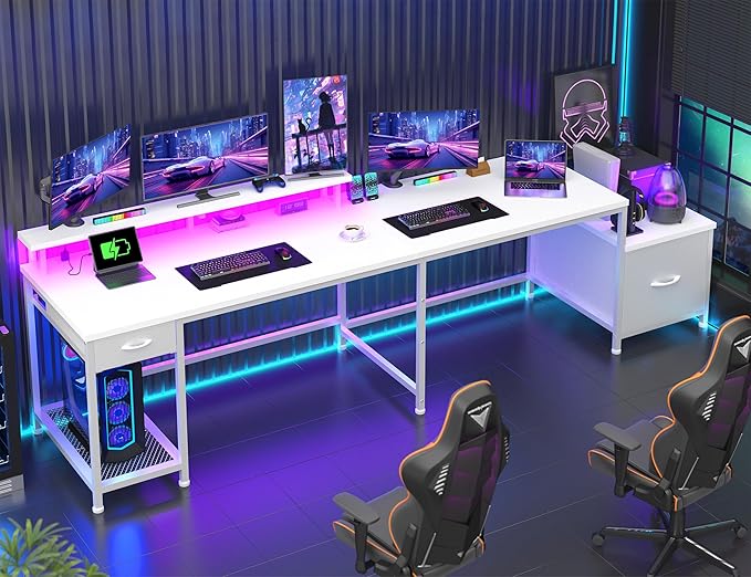 96.5'' Computer Desk with Drawers, Gaming Desk with LED Lights & Monitor Shelf, Office Desks with Power Outlets, L Shaped White Corner Desks for Home Office, Study Room and Bedroom, White
