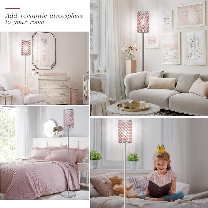 Crystal Floor Lamp for Bedroom, Silver Floor Lamp with Pink Shade, Girls Lamp with On/Off Foot Switch, Elegant Standing Light Tall Pole Lamp for Living Room, Dresser, Office (E26 Base)