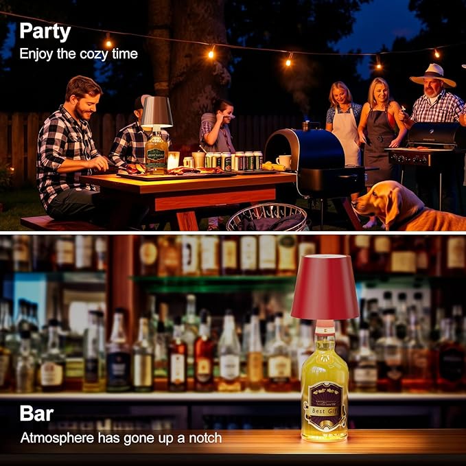 Wireless Bottle Lamp, Wireless Bottle Lamp Shade with 3 Color Temperature, Rechargeable Stepless Dimming LED Wine Bottle Lights for Any Bottle, Desk Lamp for Bedroom Restaurant Bar -Green