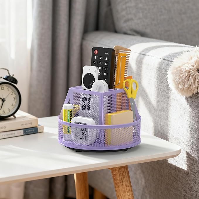 Docnest Mesh 360 Degree Rotating Pen Holder with 6 Compartment,Metal Pencil Cup Art Supply Storage Box Caddy,Teacher Stationery and Dorm Supplies Desk Organizer for Pencil,Sticky Note,Scissors-Purple