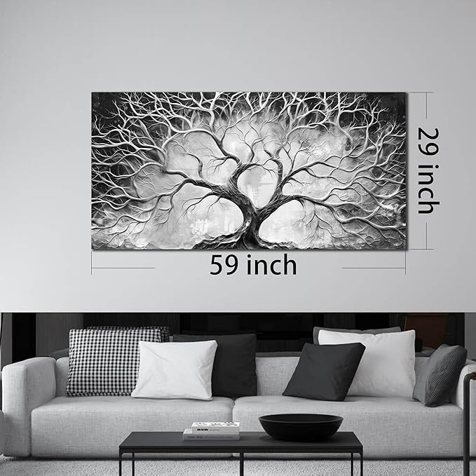 Tree Wall Art for Living Room - Black and White Canvas Wall Art for Office - Home Office Decor Wall Size 29" x 59"