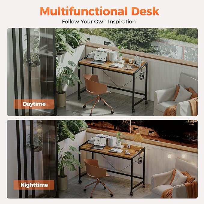 Mericonia 48 inch Rolling Computer Desk with Wheels, Gaming Desk for Small Spaces, Modern Simple Style Table for Home Office, Study Writing Table