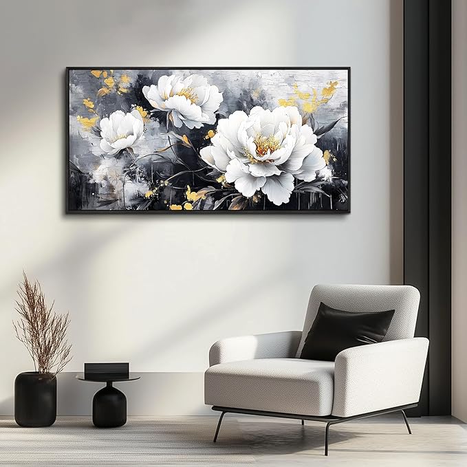 PHAOHUAXM Large Framed Print Canvas Wall Art For Living Room Wall Decor For Bedroom Abstract Wall Painting Ink-Wash White Flowers With Black Frames Dining Room Decor Modern Room Home Decor 20"X40"